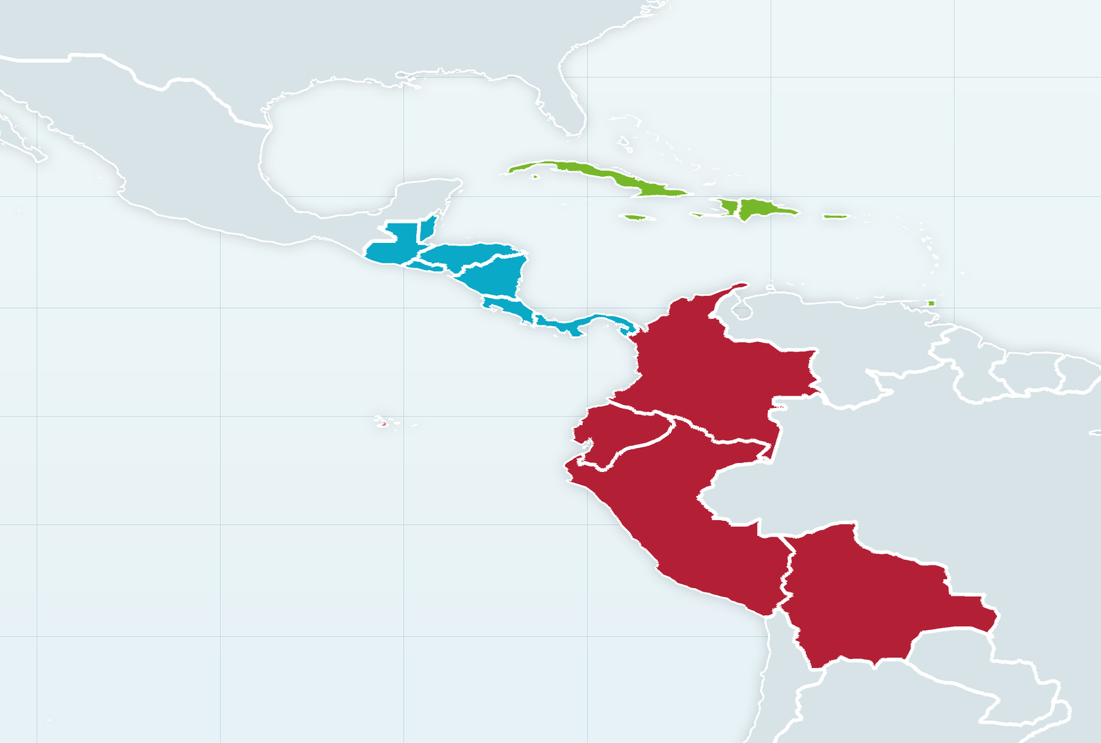 Mapa real de Centroamérica, el Caribe y la región Andina con países diferenciados por zona