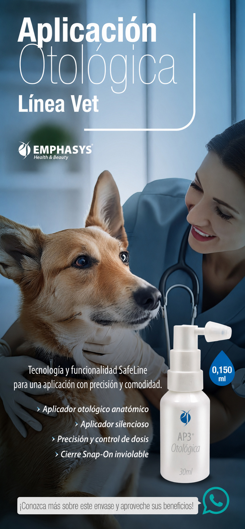 Aplicación otológica veterinaria AP3 de Emphasys con perro y profesional veterinaria