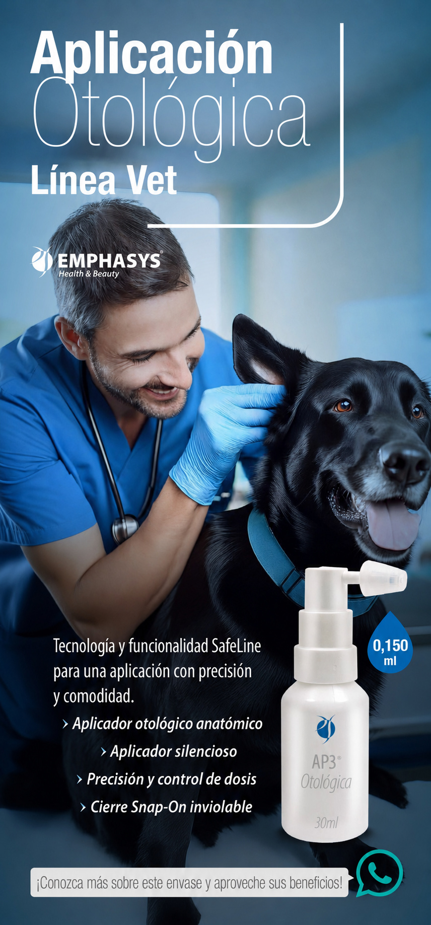 Aplicador otológico AP3 de Emphasys durante una revisión veterinaria
